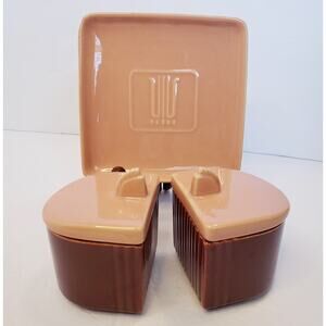 Vintage Art Deco Franciscan Ware Condiment Jars w/ Lids Underplate Pink & Maroon
